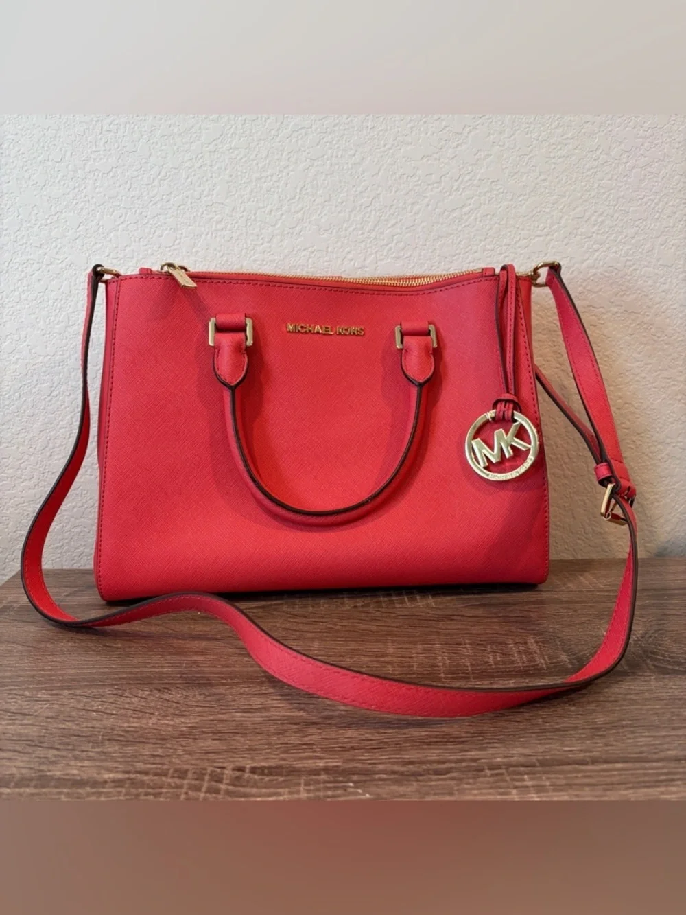 Michael Kors Women’s Watermelon Pink Saffiano Leather Medium Sutton Satchel